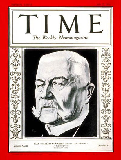 1931-07 Paul Von Hindenburg Copyright Time Magazine | Time Magazine Covers 1923-1970