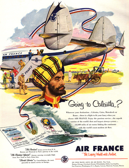 Air France Goin To Calcutta 1953 New York | Vintage Travel Posters 1891-1970