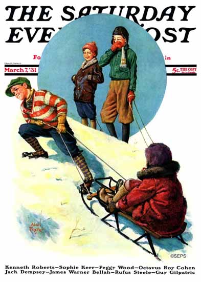 Alan Foster Saturday Evening Post Uphill Sledding 1931_03_07 | The Saturday Evening Post Graphic Art Covers 1931-1969