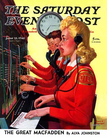 Albert W Hampson Saturday Evening Post Blushing Operator 1941_06_21 | The Saturday Evening Post Graphic Art Covers 1931-1969