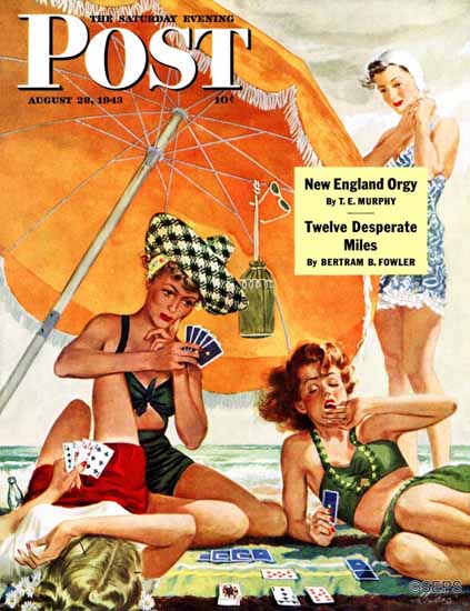 Alex Ross Saturday Evening Post Card Game at the Beach 1943_08_28 | The Saturday Evening Post Graphic Art Covers 1931-1969