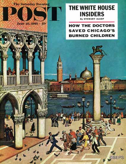 Amos Sewell Saturday Evening Post Americans in Venice 1961_06_10 | The Saturday Evening Post Graphic Art Covers 1931-1969