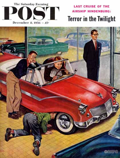 Amos Sewell Saturday Evening Post Automobile Showroom 1956_12_08 | The Saturday Evening Post Graphic Art Covers 1931-1969