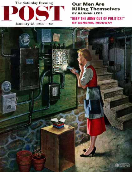 Amos Sewell Saturday Evening Post Blown Fuse 1956_01_28 | The Saturday Evening Post Graphic Art Covers 1931-1969