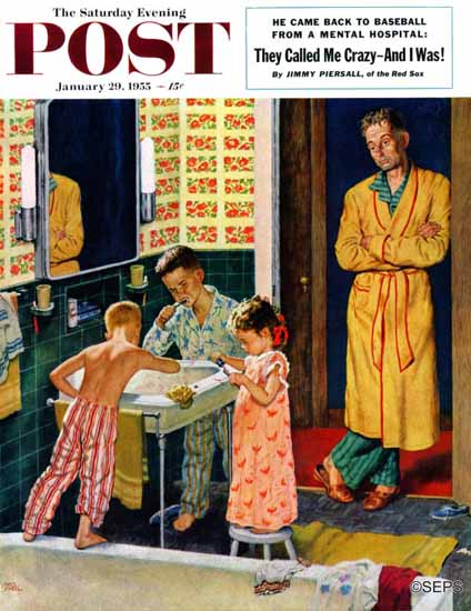 Amos Sewell Saturday Evening Post Brushing Their Teeth 1955_01_29 | The Saturday Evening Post Graphic Art Covers 1931-1969