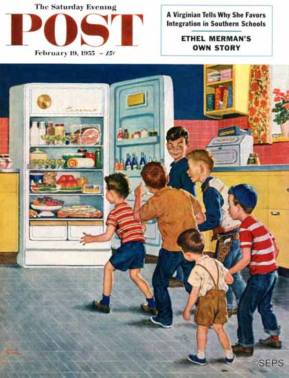 Amos Sewell Saturday Evening Post Refrigerator Raid 1955_02_19 | The Saturday Evening Post Graphic Art Covers 1931-1969