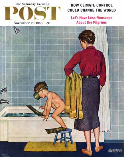 Amos Sewell Saturday Evening Post Scuba in the Tub 1958_11_29 | The Saturday Evening Post Graphic Art Covers 1931-1969