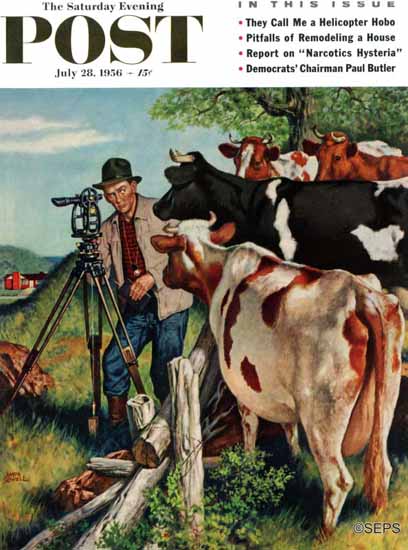 Amos Sewell Saturday Evening Post Surveying Cow Pasture 1956_07_28 | The Saturday Evening Post Graphic Art Covers 1931-1969