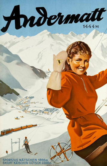 Andermatt Naetschen Guetsch Skiing 1937 | Vintage Travel Posters 1891-1970