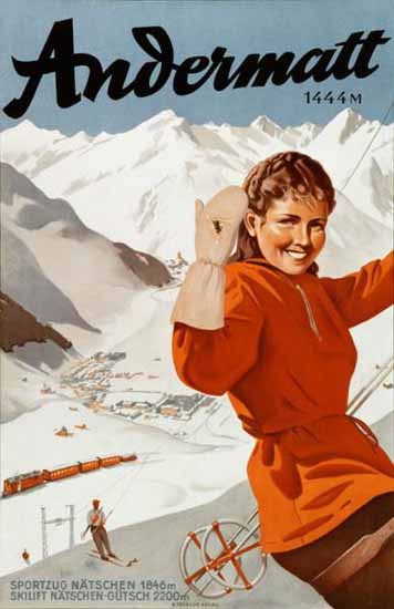 Andermatt Ski Lift 1444m Switzerland 1950 | Vintage Travel Posters 1891-1970