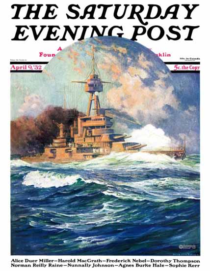 Anton Otto Fischer Saturday Evening Post Battleship at Sea 1932_04_09 | The Saturday Evening Post Graphic Art Covers 1931-1969