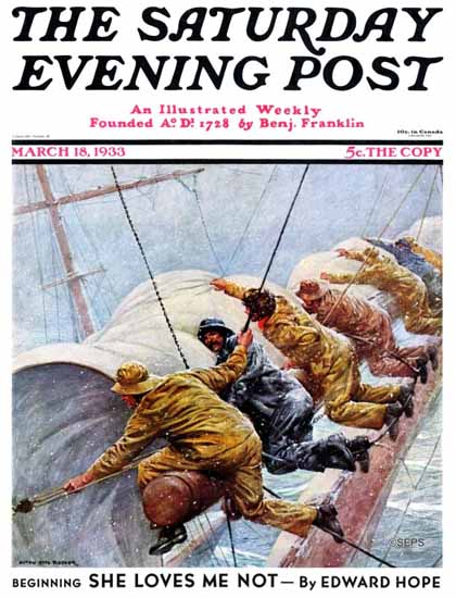 Anton Otto Fischer Saturday Evening Post Trim the Sails 1933_03_18 | The Saturday Evening Post Graphic Art Covers 1931-1969