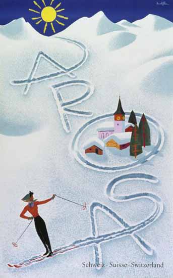 Arosa Snow Sun Skiing Switzerland 1956 | Vintage Travel Posters 1891-1970