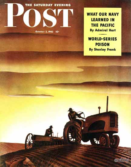 Arthur Radebaugh Saturday Evening Post Tractors at Sunset 1942_10_03 | The Saturday Evening Post Graphic Art Covers 1931-1969