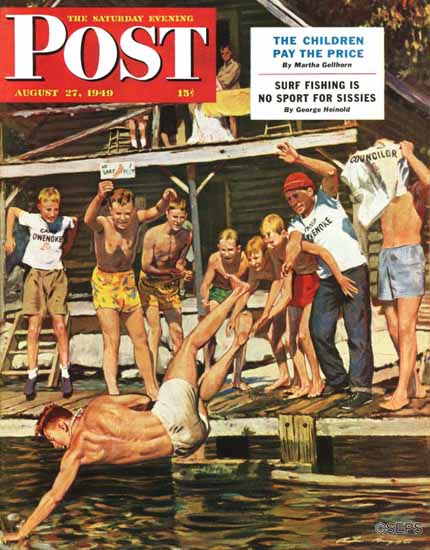 Austin Briggs Saturday Evening Post Wet Camp Counselor 1949_08_27 | The Saturday Evening Post Graphic Art Covers 1931-1969