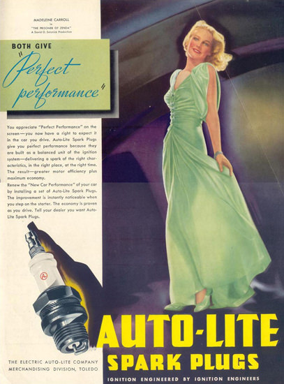 Auto-Lite Spark Plugs Madeleine Carroll 1937 | Sex Appeal Vintage Ads and Covers 1891-1970