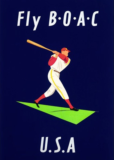 BOAC British Airways Fly USA Baseball Player | Vintage Travel Posters 1891-1970