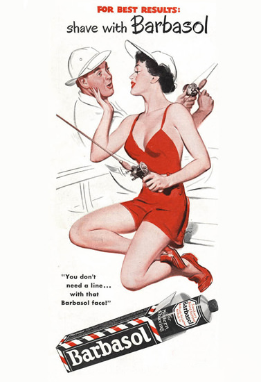 Barbasol Shaving Cream Pin-Up Girl Fisherman 1956 | Sex Appeal Vintage Ads and Covers 1891-1970