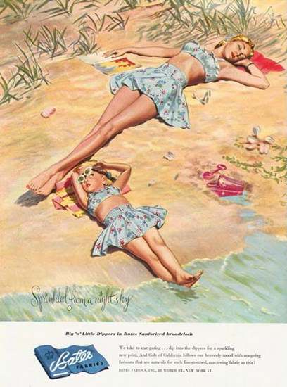 Bates Fabrics Night Sky Girls On The Beach | Vintage Ad and Cover Art 1891-1970