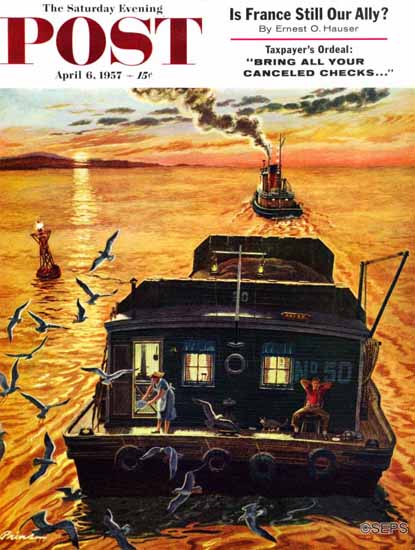 Ben Kimberly Prins Saturday Evening Post Barges 1957_04_06 | The Saturday Evening Post Graphic Art Covers 1931-1969