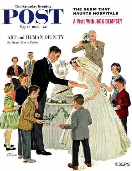 Ben Kimberly Prins Saturday Evening Post Cutting the Cake 1958_05_17 | The Saturday Evening Post Graphic Art Covers 1931-1969