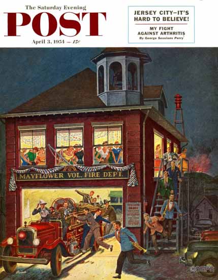 Ben Kimberly Prins Saturday Evening Post Firemans Ball 1954_04_03 | The Saturday Evening Post Graphic Art Covers 1931-1969