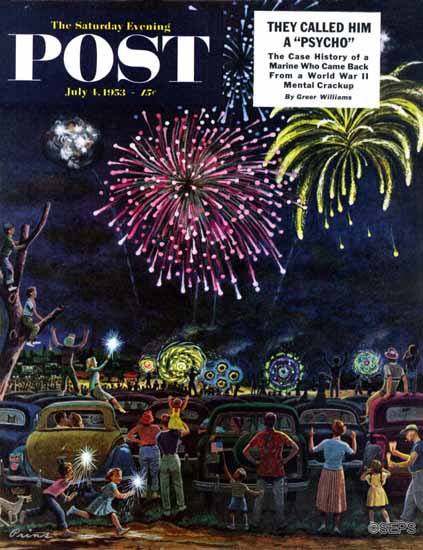 Ben Kimberly Prins Saturday Evening Post Fireworks 1953_07_04 | The Saturday Evening Post Graphic Art Covers 1931-1969