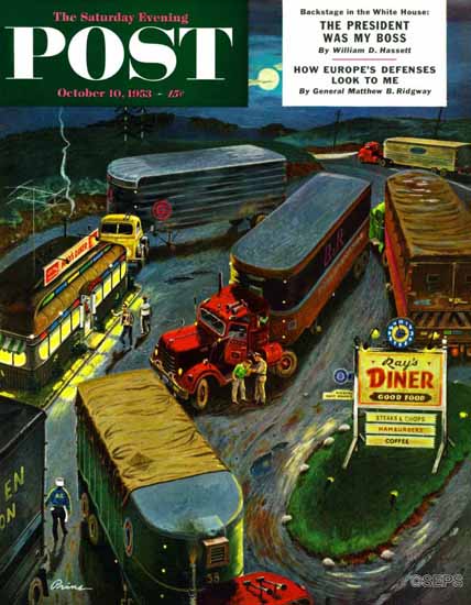 Ben Kimberly Prins Saturday Evening Post Truck Stop Diner 1953_10_10 | The Saturday Evening Post Graphic Art Covers 1931-1969