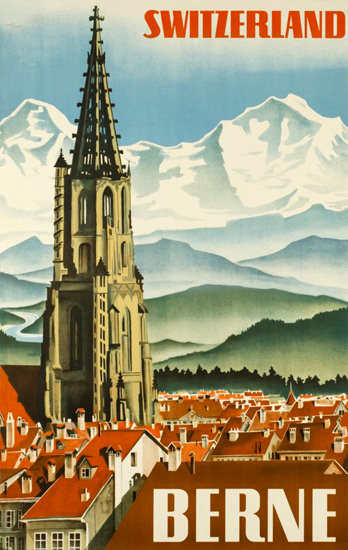 Berne Old Town Dome Alps Switzerland 1934 | Vintage Travel Posters 1891-1970