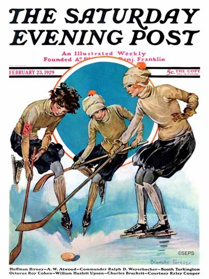 Blanche Greer Saturday Evening Post Women Ice Hockey 1929_02_23 | The Saturday Evening Post Graphic Art Covers 1892-1930