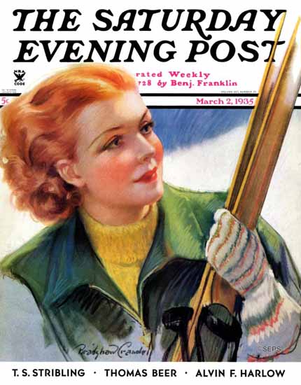 Bradshaw Crandell Saturday Evening Post Woman with Skis 1935_03_02 | The Saturday Evening Post Graphic Art Covers 1931-1969