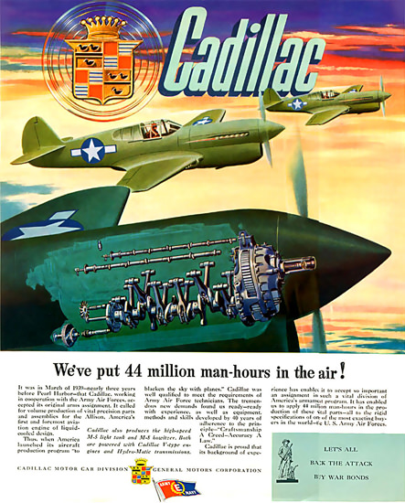 Cadillac We Put 44 Million Man-Hours In Air 1944 | Vintage War Propaganda Posters 1891-1970