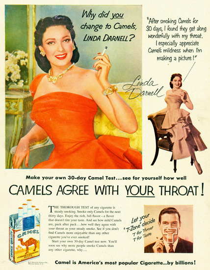 Camel Cigarettes Linda Darnell 1952 | Sex Appeal Vintage Ads and Covers 1891-1970