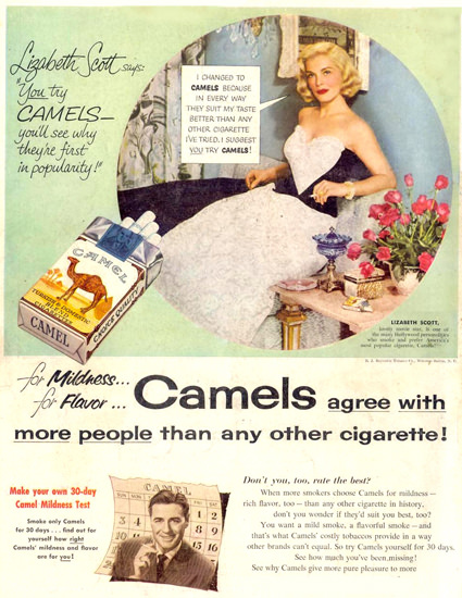 Camel Cigarettes Lizabeth Scott 1953 | Sex Appeal Vintage Ads and Covers 1891-1970