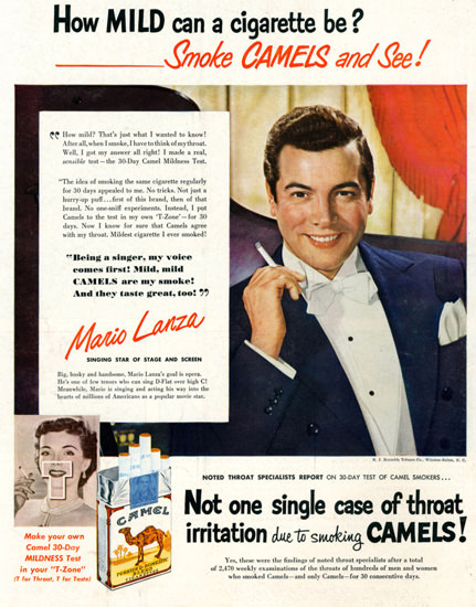 Camel Cigarettes Mario Lanza 1950 | Sex Appeal Vintage Ads and Covers 1891-1970