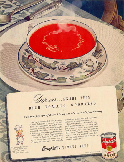 Campbells Tomato Soup Dip In 1943 | Vintage Ad and Cover Art 1891-1970