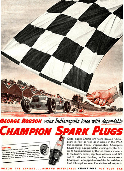 Champion Spark Plugs George Robson 1946 | Vintage Ad and Cover Art 1891-1970