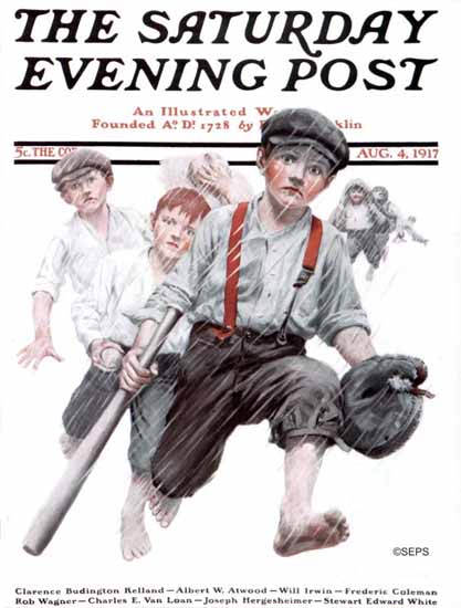 Charles A MacLellan Saturday Evening Post Baseball in Rain 1917_08_04 | The Saturday Evening Post Graphic Art Covers 1892-1930