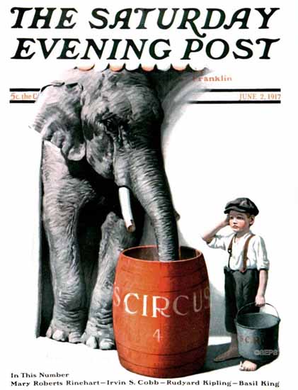 Charles A MacLellan Saturday Evening Post Elephant Thirst 1917_06_02 | The Saturday Evening Post Graphic Art Covers 1892-1930