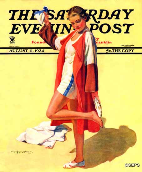 Charles A MacLellan Saturday Evening Post Girl Beach Outfit 1934_08_11 | The Saturday Evening Post Graphic Art Covers 1931-1969