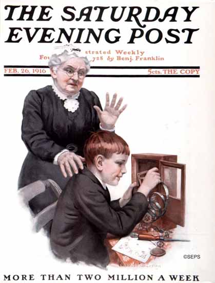 Charles A MacLellan Saturday Evening Post The Clockmaker 1916_02_26 | The Saturday Evening Post Graphic Art Covers 1892-1930