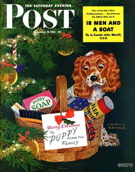 Charles Kaiser Saturday Evening Post Doggy Basket 1942_12_19 | The Saturday Evening Post Graphic Art Covers 1931-1969