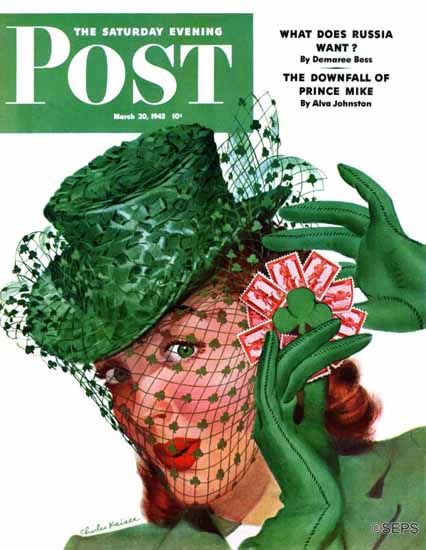 Charles Kaiser Saturday Evening Post Shamrock Chapeau 1943_03_20 | The Saturday Evening Post Graphic Art Covers 1931-1969