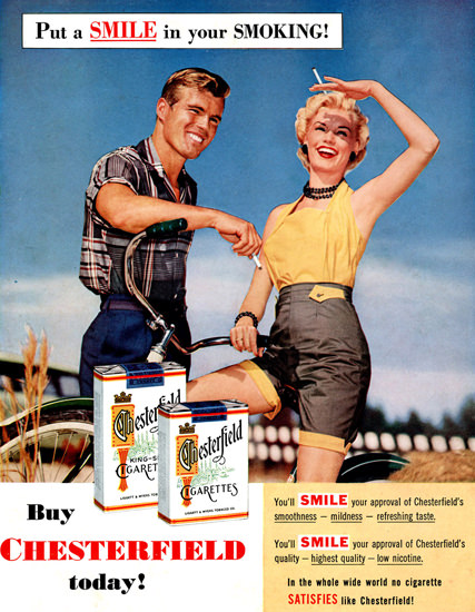 Chesterfield Cigarettes Bicycle Girl Smile 1955 | Sex Appeal Vintage Ads and Covers 1891-1970