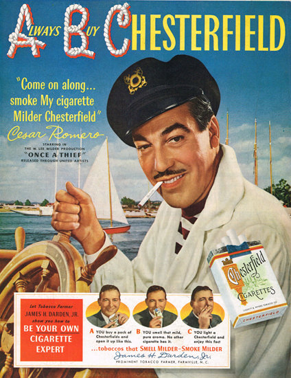 Chesterfield Cigarettes Cesar-Romero 1950 | Sex Appeal Vintage Ads and Covers 1891-1970