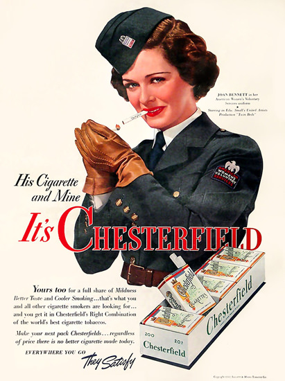 Chesterfield Cigarettes Joan Bennett 1942 | Sex Appeal Vintage Ads and Covers 1891-1970