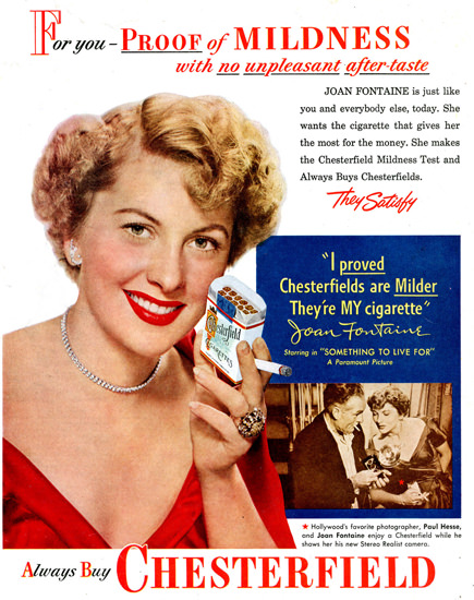 Chesterfield Cigarettes Joan Fontaine 1952 | Sex Appeal Vintage Ads and Covers 1891-1970