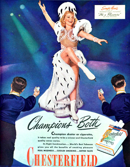 Chesterfield Cigarettes Sonja Henie 1945 | Sex Appeal Vintage Ads and Covers 1891-1970