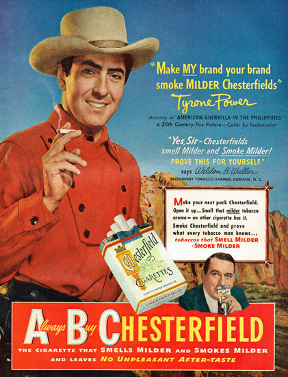 Chesterfield Cigarettes Tyrone Power 1950 | Sex Appeal Vintage Ads and Covers 1891-1970