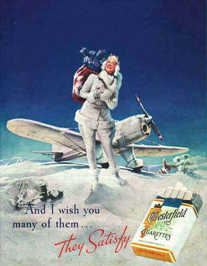 Chesterfield Girl And Airplane In Snow Landscape | Vintage Ad and Cover Art 1891-1970